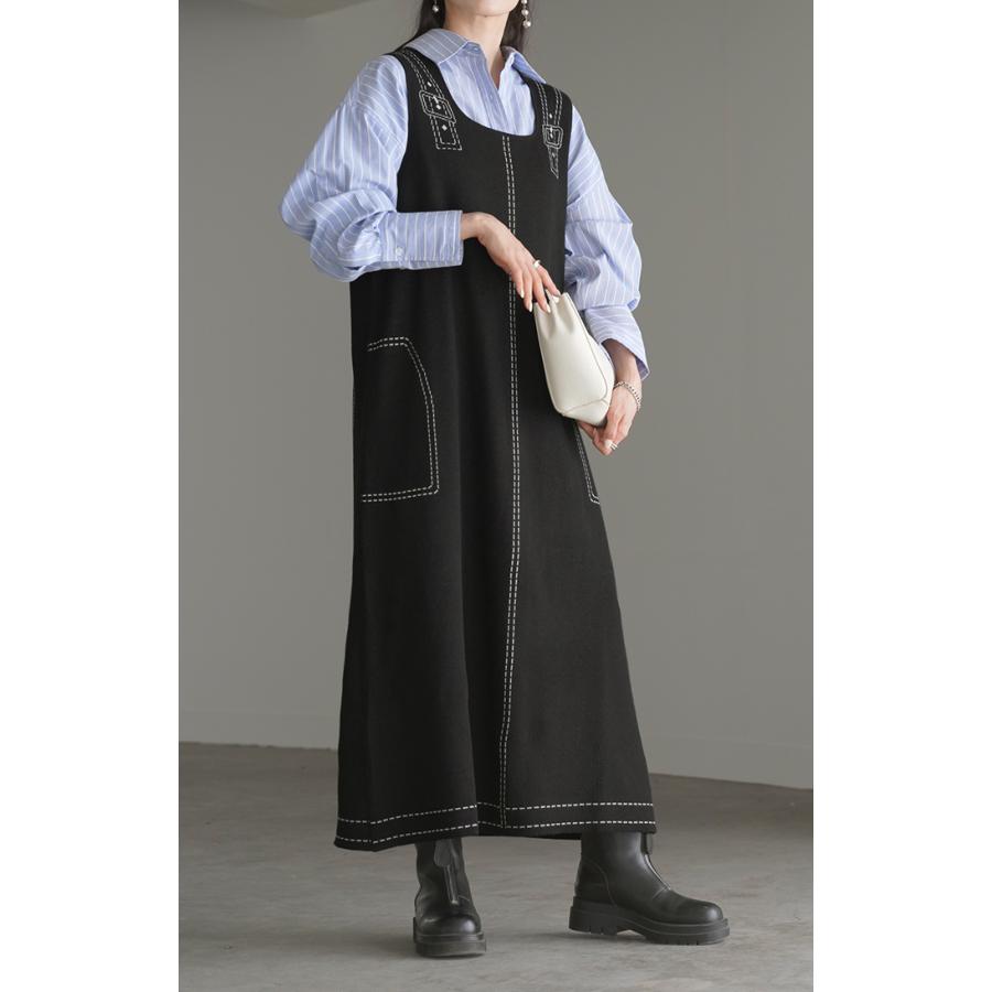 ワンピース ニット サスペンダー ジャンパースカート レディース Uネック 重ね着 ジャンスカ レイヤード Iライン ノースリーブ タンクワンピース | HUG.U | 22