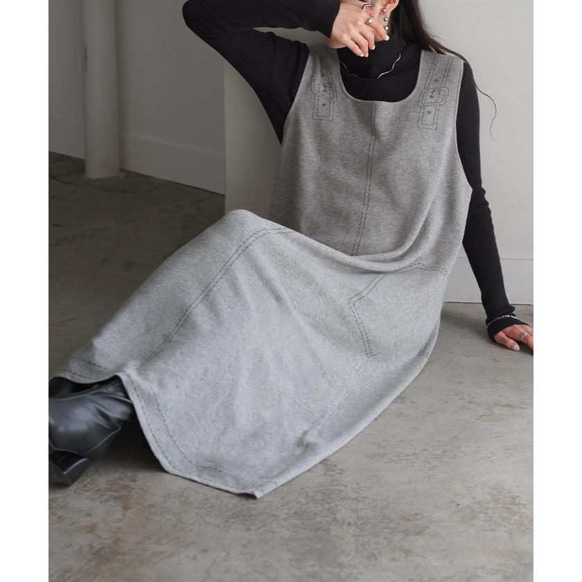 ワンピース ニット サスペンダー ジャンパースカート レディース Uネック 重ね着 ジャンスカ レイヤード Iライン ノースリーブ タンクワンピース | HUG.U | 09