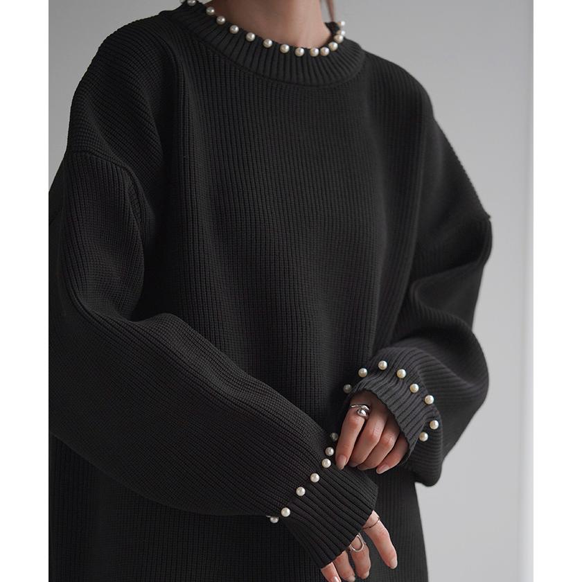 ニット パール ロング レディース トップス チュニック ドルマン リブ スポンジニット ストレッチ 無地 ロングニット | HUG.U | 13