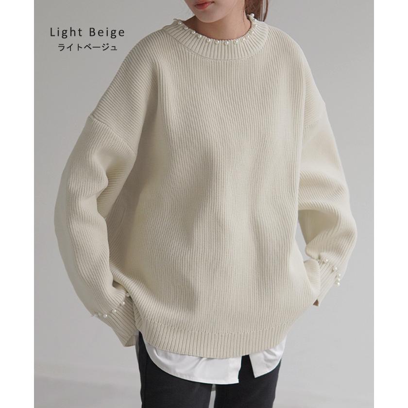 ニット パール ロング レディース トップス チュニック ドルマン リブ スポンジニット ストレッチ 無地 ロングニット | HUG.U | 15