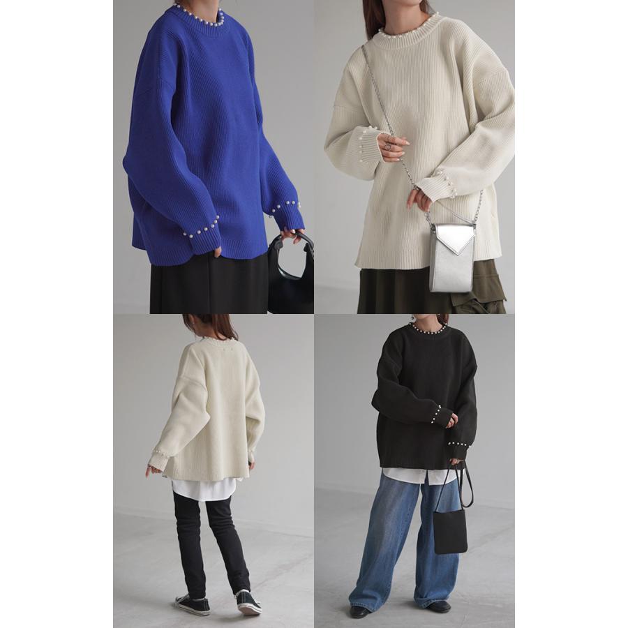 ニット パール ロング レディース トップス チュニック ドルマン リブ スポンジニット ストレッチ 無地 ロングニット | HUG.U | 19