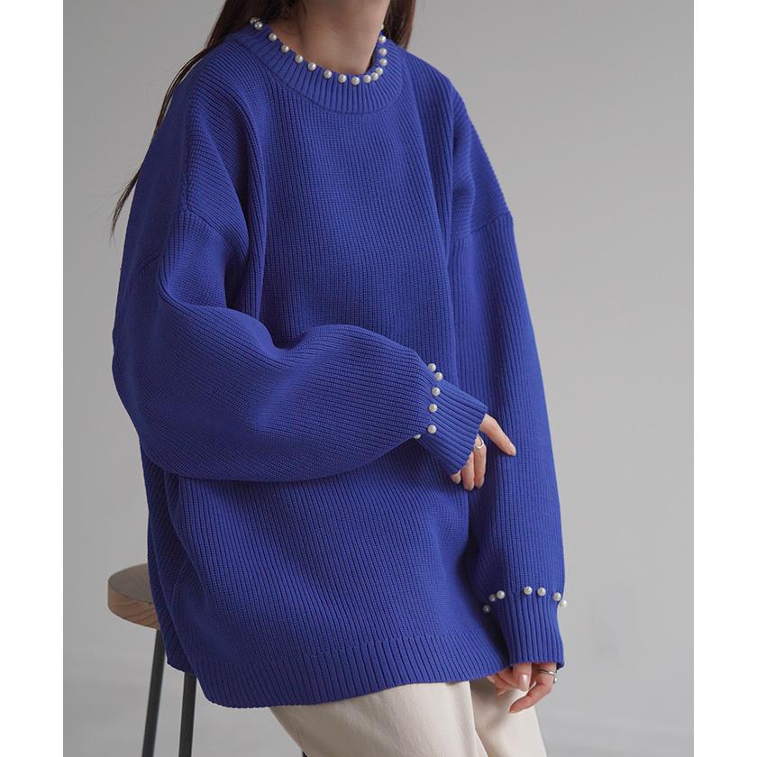 ニット パール ロング レディース トップス チュニック ドルマン リブ スポンジニット ストレッチ 無地 ロングニット | HUG.U | 21