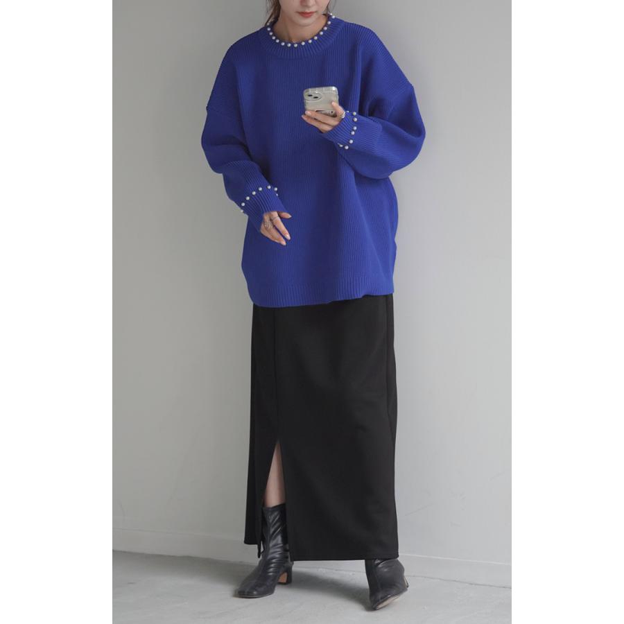 ニット パール ロング レディース トップス チュニック ドルマン リブ スポンジニット ストレッチ 無地 ロングニット | HUG.U | 06