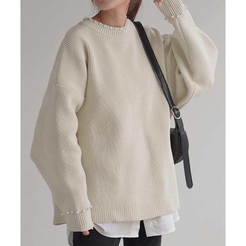 ニット パール ロング レディース トップス チュニック ドルマン リブ スポンジニット ストレッチ 無地 ロングニット | HUG.U | 07