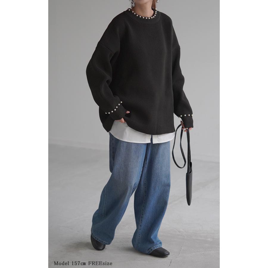 ニット パール ロング レディース トップス チュニック ドルマン リブ スポンジニット ストレッチ 無地 ロングニット | HUG.U | 09