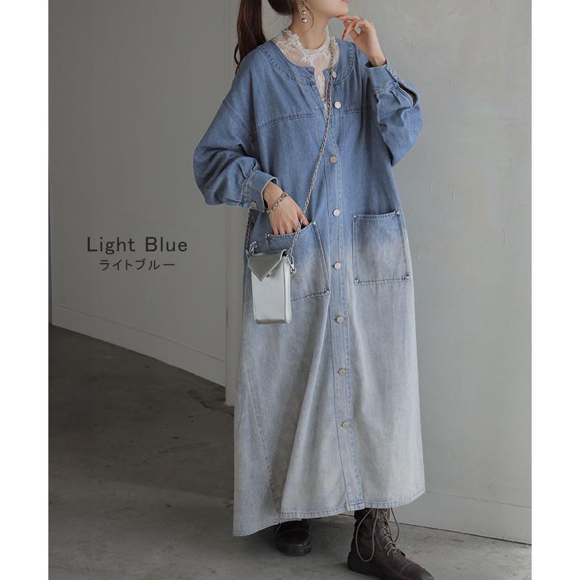 コヒナ デニム シャツワンピース パフスリーブ 2way Vネック ブルー コヒナ デニム シャツワンピース パフスリーブ 2way Vネック ブルー