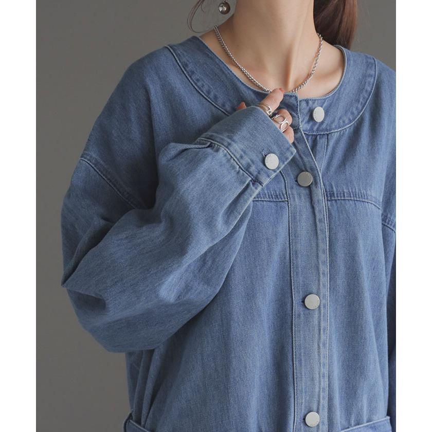 ワンピース デニム シャツ グラデーション シャツワンピース ノーカラ― シャツワンピ レディース ロング | HUG.U | 05