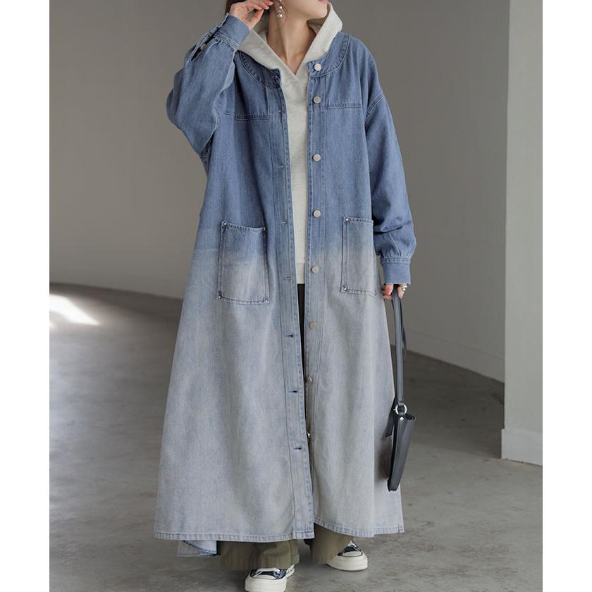 ワンピース デニム シャツ グラデーション シャツワンピース ノーカラ― シャツワンピ レディース ロング | HUG.U | 06