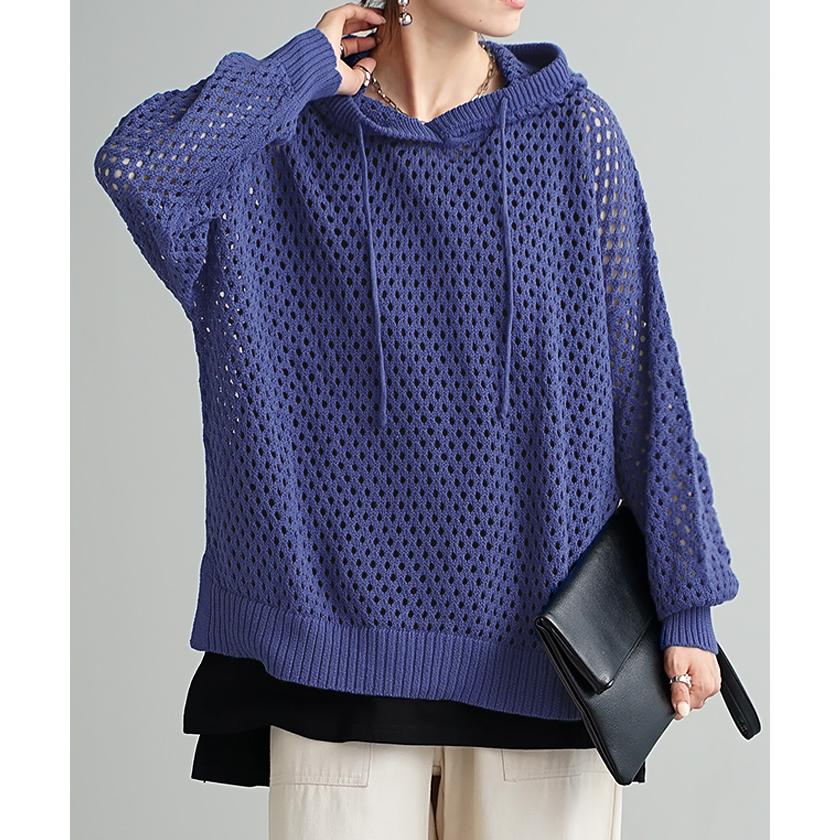 HUG.U ニット 透かし編み パーカー フード ニットパーカー