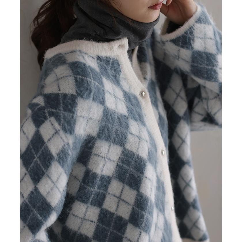 カーディガン チェック シャギー ニット ニット カーディガン アーガイル 体型カバー レディース セーター トップス ニットカーディガン 厚い カーデ | HUG.U | 24