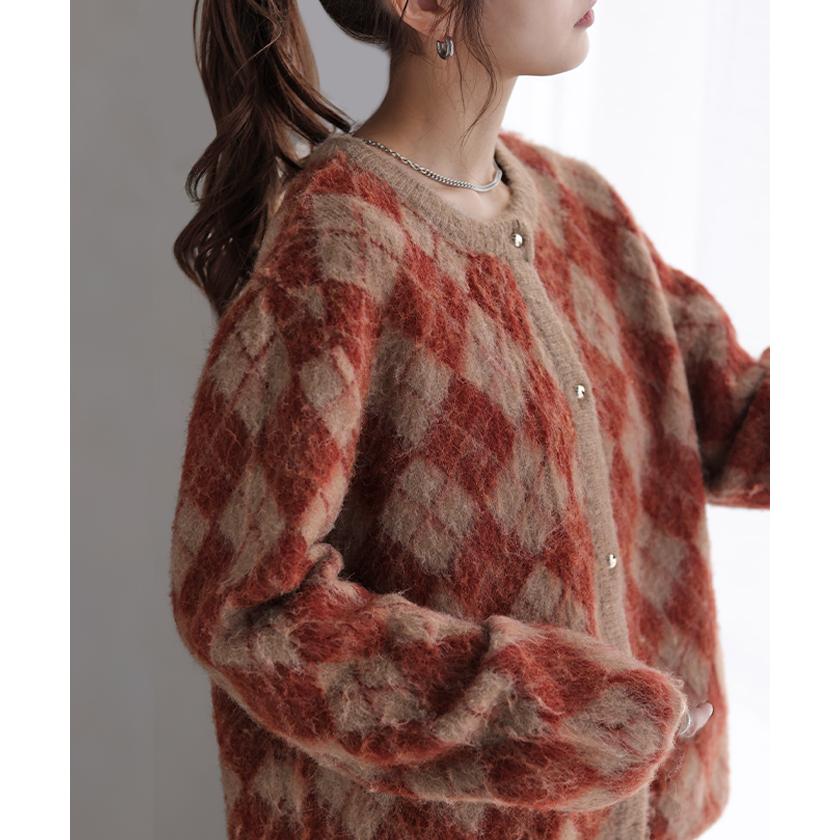 カーディガン チェック シャギー ニット ニット カーディガン アーガイル 体型カバー レディース セーター トップス ニットカーディガン 厚い カーデ | HUG.U | 09