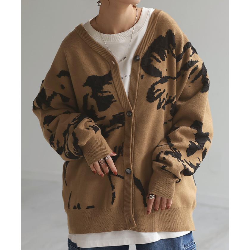 カーディガン 花柄 ニット レディース セーター カーデ トップス ロング オーバー ニットカーディガン ジャガード 柄 チクチクしない 長袖 羽織 Vネック | HUG.U | 08