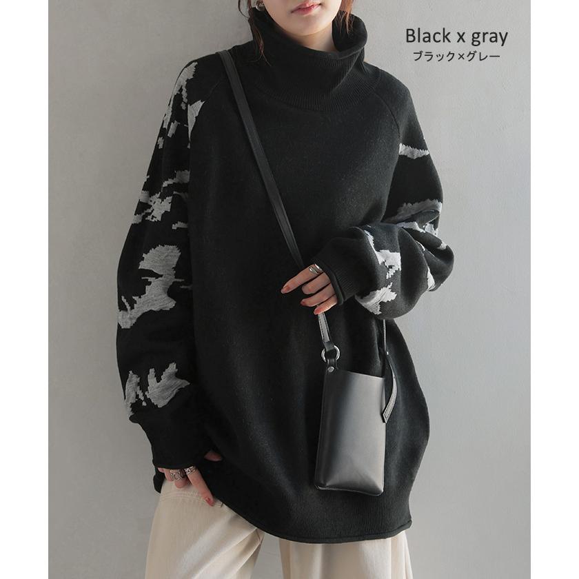 ニット ジャガード 花柄 レディース トップス セーター ロング ロングニット リブ お尻が隠れる 無地 長袖 タートルネック ドルマンスリーブ オーバー | HUG.U | 13