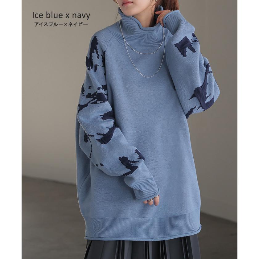 ニット ジャガード 花柄 レディース トップス セーター ロング ロングニット リブ お尻が隠れる 無地 長袖 タートルネック ドルマンスリーブ オーバー | HUG.U | 14