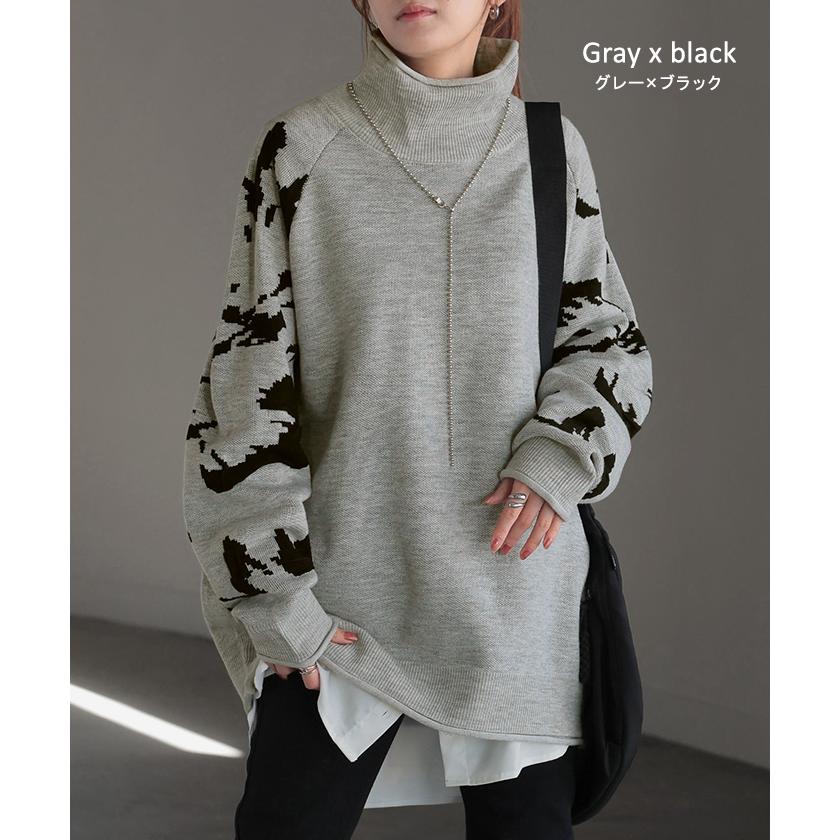 ニット ジャガード 花柄 レディース トップス セーター ロング ロングニット リブ お尻が隠れる 無地 長袖 タートルネック ドルマンスリーブ オーバー | HUG.U | 15