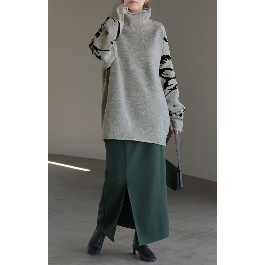 ニット ジャガード 花柄 レディース トップス セーター ロング ロングニット リブ お尻が隠れる 無地 長袖 タートルネック ドルマンスリーブ オーバー | HUG.U | 18