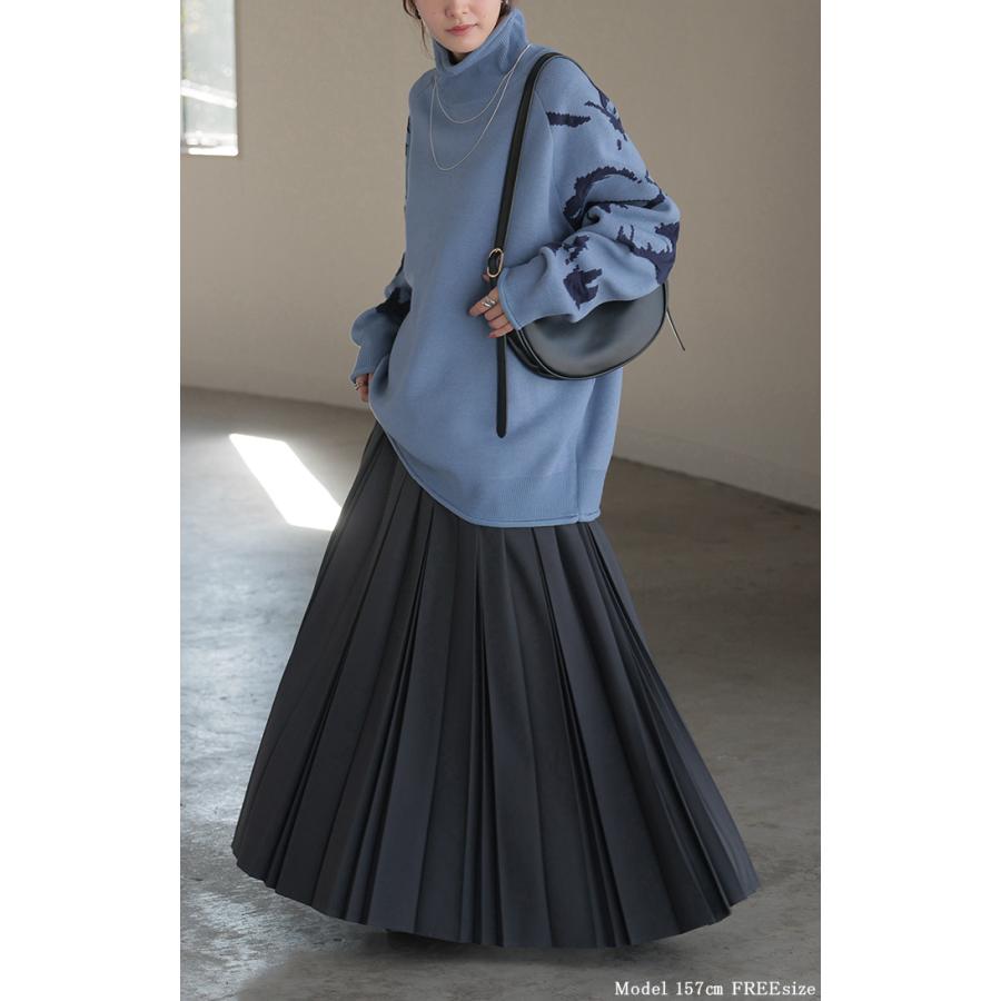 ニット ジャガード 花柄 レディース トップス セーター ロング ロングニット リブ お尻が隠れる 無地 長袖 タートルネック ドルマンスリーブ オーバー | HUG.U | 22