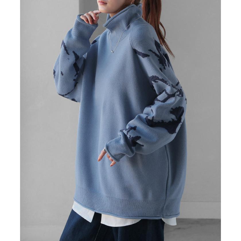 ニット ジャガード 花柄 レディース トップス セーター ロング ロングニット リブ お尻が隠れる 無地 長袖 タートルネック ドルマンスリーブ オーバー | HUG.U | 07