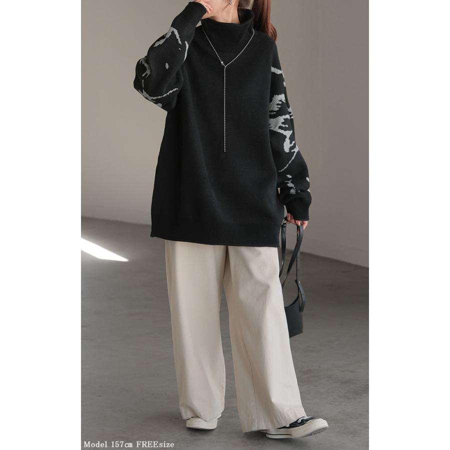 ニット ジャガード 花柄 レディース トップス セーター ロング ロングニット リブ お尻が隠れる 無地 長袖 タートルネック ドルマンスリーブ オーバー | HUG.U | 08