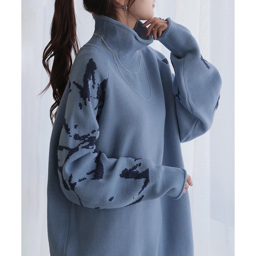 ニット ジャガード 花柄 レディース トップス セーター ロング ロングニット リブ お尻が隠れる 無地 長袖 タートルネック ドルマンスリーブ オーバー | HUG.U | 10