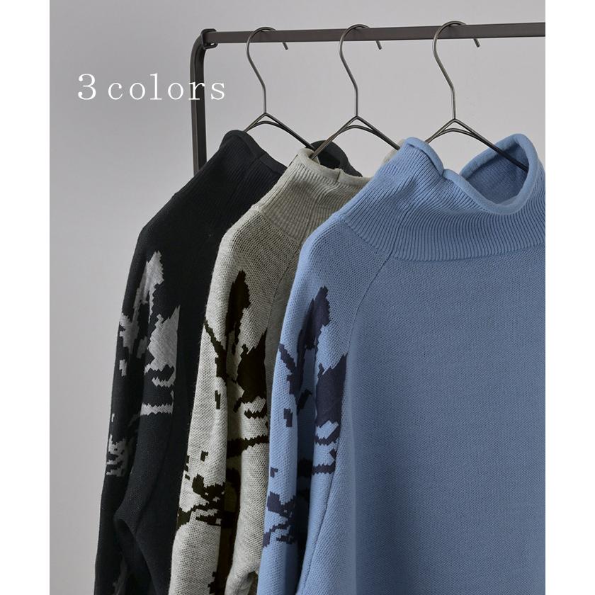 ニット ジャガード 花柄 レディース トップス セーター ロング ロングニット リブ お尻が隠れる 無地 長袖 タートルネック ドルマンスリーブ オーバー | HUG.U | 11