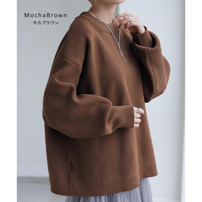 ニット チクチクしない レディース トップス スポンジニット セーター オーバー 配色 ライン プルオーバー ロング 長袖 長い ボリュームスリーブ クルーネック | HUG.U | 21