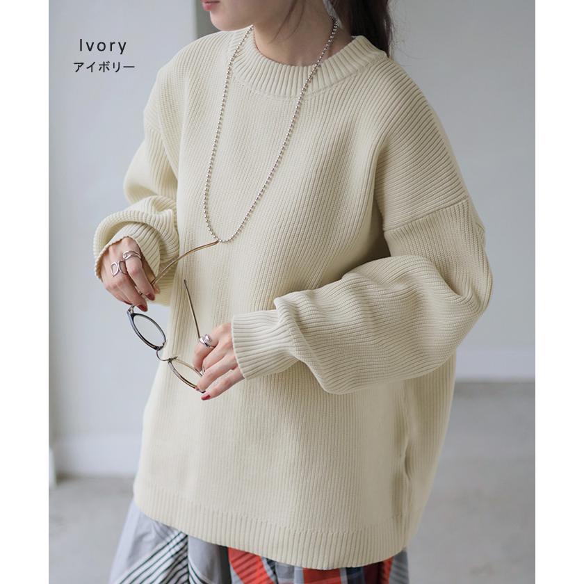 ニット チクチクしない レディース トップス スポンジニット セーター オーバー 配色 ライン プルオーバー ロング 長袖 長い ボリュームスリーブ クルーネック | HUG.U | 22