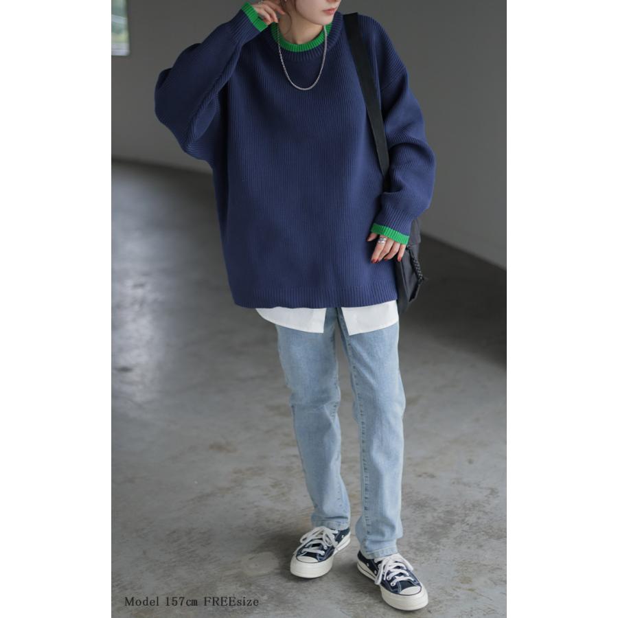 ニット チクチクしない レディース トップス スポンジニット セーター オーバー 配色 ライン プルオーバー ロング 長袖 長い ボリュームスリーブ クルーネック | HUG.U | 26