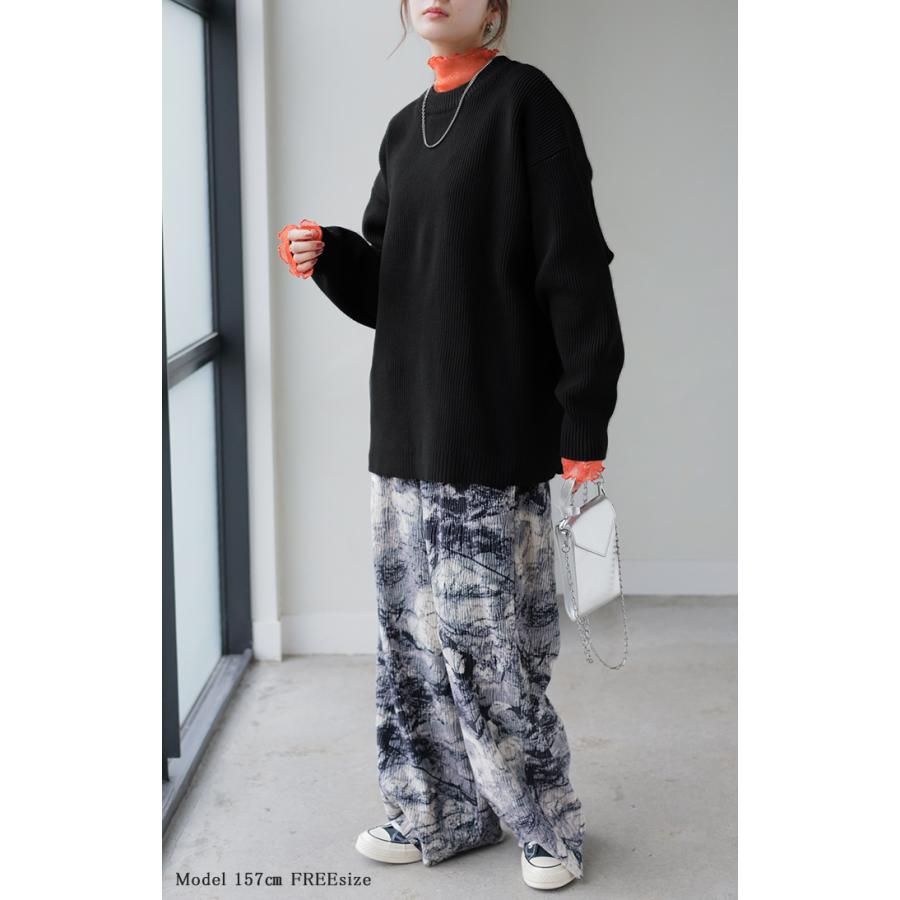 ニット チクチクしない レディース トップス スポンジニット セーター オーバー 配色 ライン プルオーバー ロング 長袖 長い ボリュームスリーブ クルーネック | HUG.U | 10