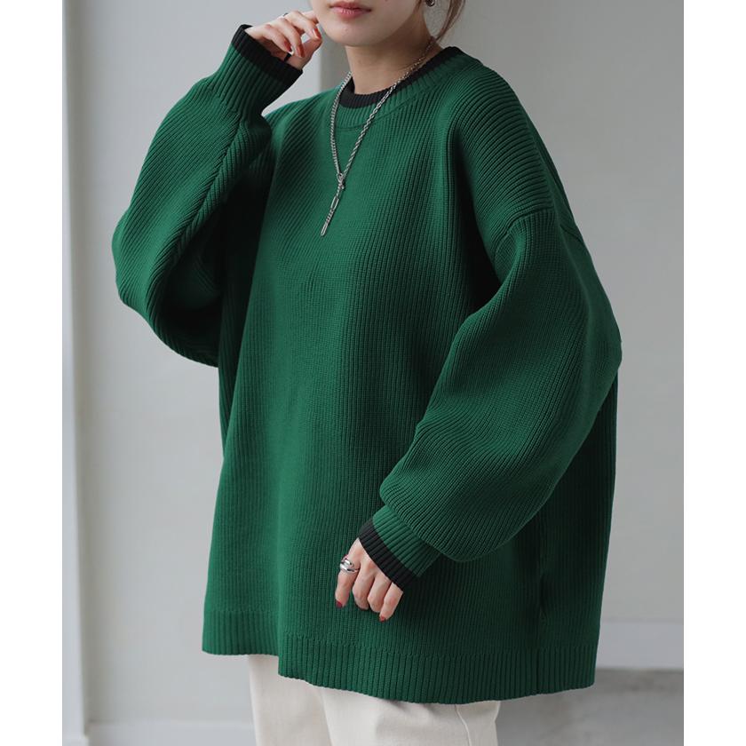ニット チクチクしない レディース トップス スポンジニット セーター オーバー 配色 ライン プルオーバー ロング 長袖 長い ボリュームスリーブ クルーネック | HUG.U | 11