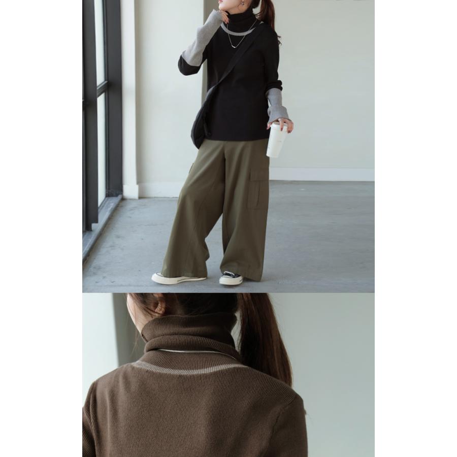 ニット 選べるネック リブ 配色 綿100％ レディース トップス 無地 長袖 ロング ストレッチ バイカラー | HUG.U | 23