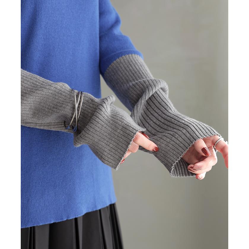 ニット 選べるネック リブ 配色 綿100％ レディース トップス 無地 長袖 ロング ストレッチ バイカラー | HUG.U | 24
