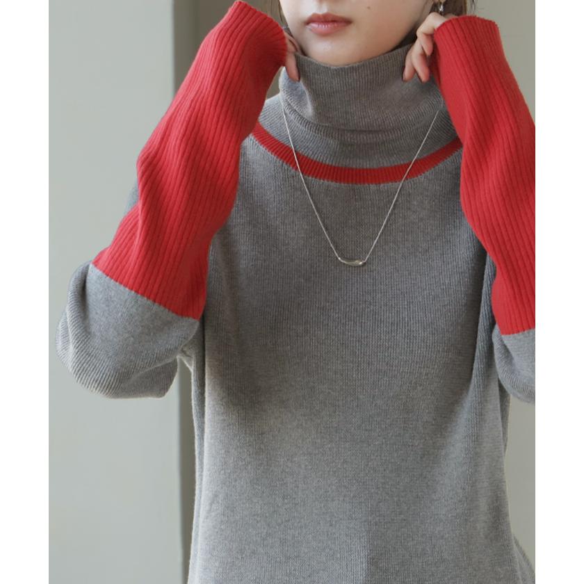ニット 選べるネック リブ 配色 綿100％ レディース トップス 無地 長袖 ロング ストレッチ バイカラー | HUG.U | 09