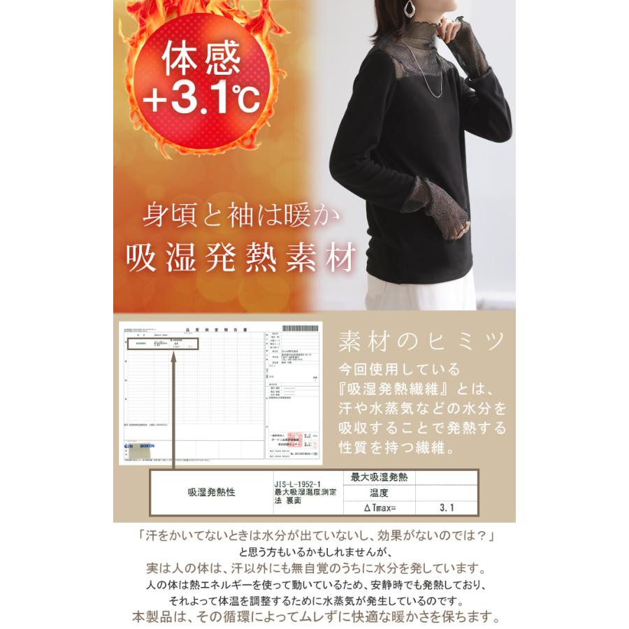 トップス 発熱 シアー インナー レディース 長袖 無地 吸湿発熱 静電気 防止 軽量 透け ハイネック あったか  HEATVEIL | HUG.U | 09