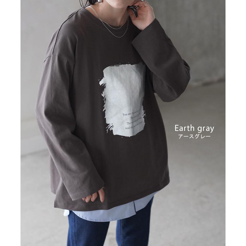 ロンT プリント ロング レディース 綿100 トップス カットソー Tシャツ ロゴT 無地 長袖 ドロップショルダー | HUG.U | 17