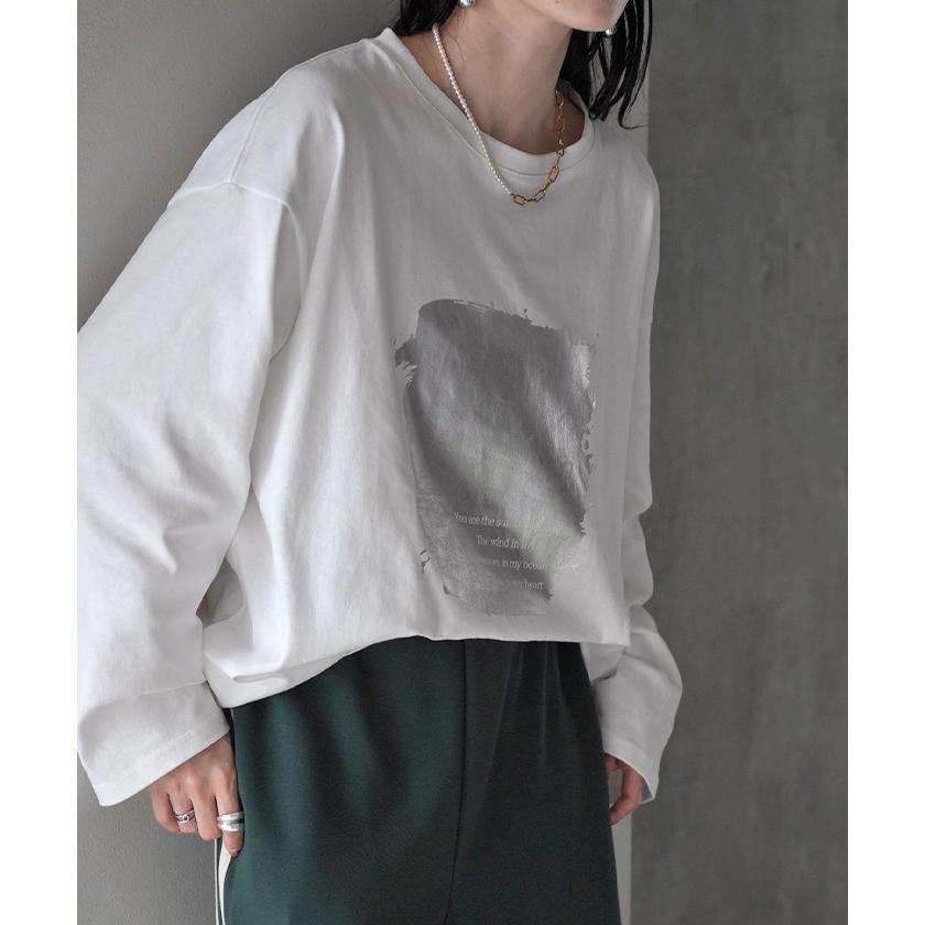 ロンT プリント ロング レディース 綿100 トップス カットソー Tシャツ ロゴT 無地 長袖 ドロップショルダー | HUG.U | 23