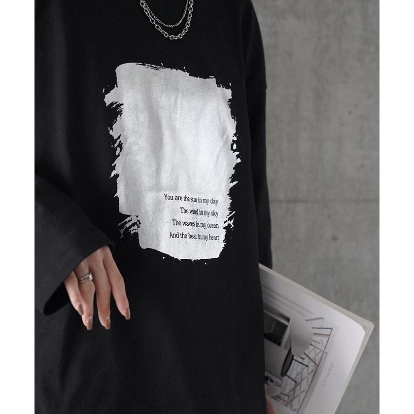 ロンT プリント ロング レディース 綿100 トップス カットソー Tシャツ ロゴT 無地 長袖 ドロップショルダー | HUG.U | 06