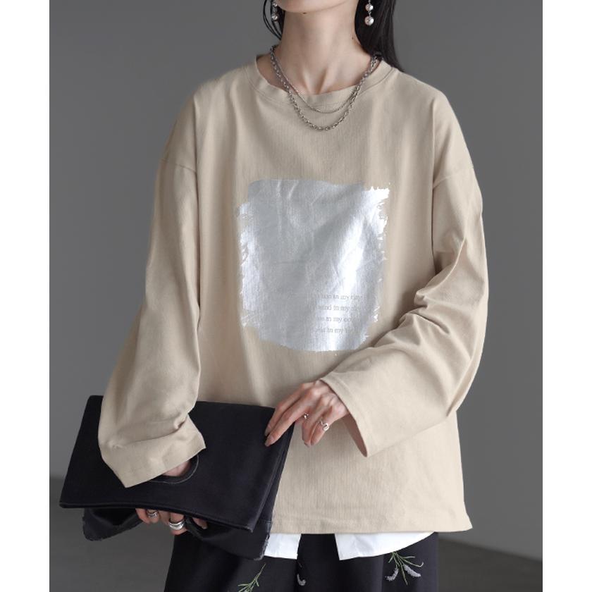 ロンT プリント ロング レディース 綿100 トップス カットソー Tシャツ ロゴT 無地 長袖 ドロップショルダー | HUG.U | 08