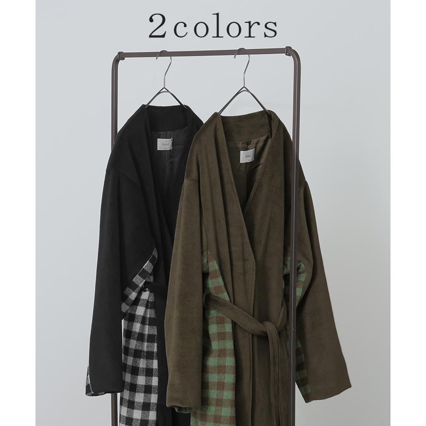 アウター コーディガン レディース チェック 柄 ロング ロングコート ノーカラー バンドカラー ガウン ジャケット ブルゾン | HUG.U | 13