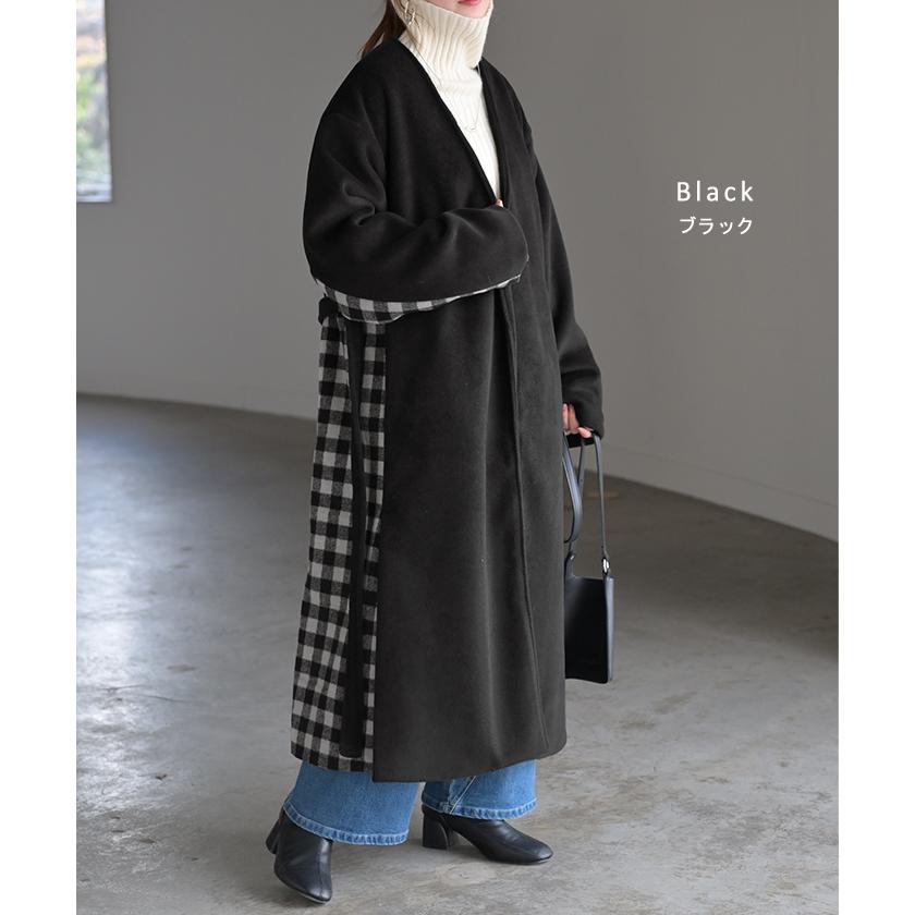 アウター コーディガン レディース チェック 柄 ロング ロングコート ノーカラー バンドカラー ガウン ジャケット ブルゾン | HUG.U | 15