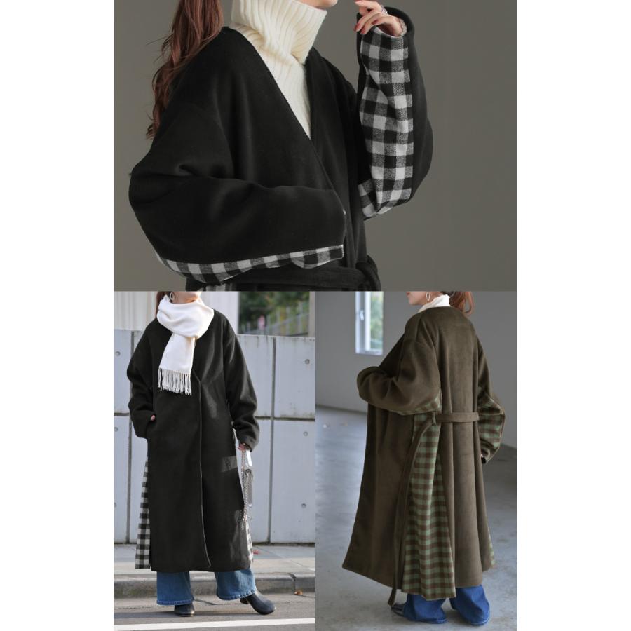 アウター コーディガン レディース チェック 柄 ロング ロングコート ノーカラー バンドカラー ガウン ジャケット ブルゾン | HUG.U | 10