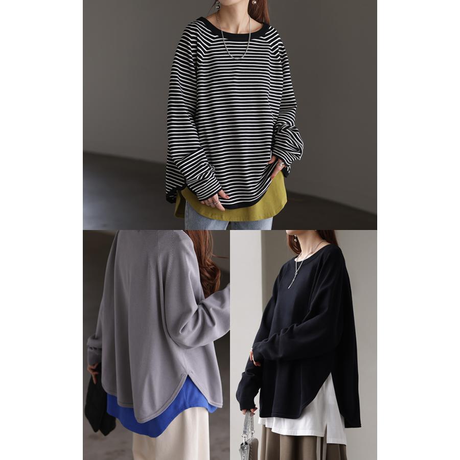 ニット ロング カーブヘム レディース トップス カットソー チクチクしない クルーネック 長袖 無地 配色 | HUG.U | 10