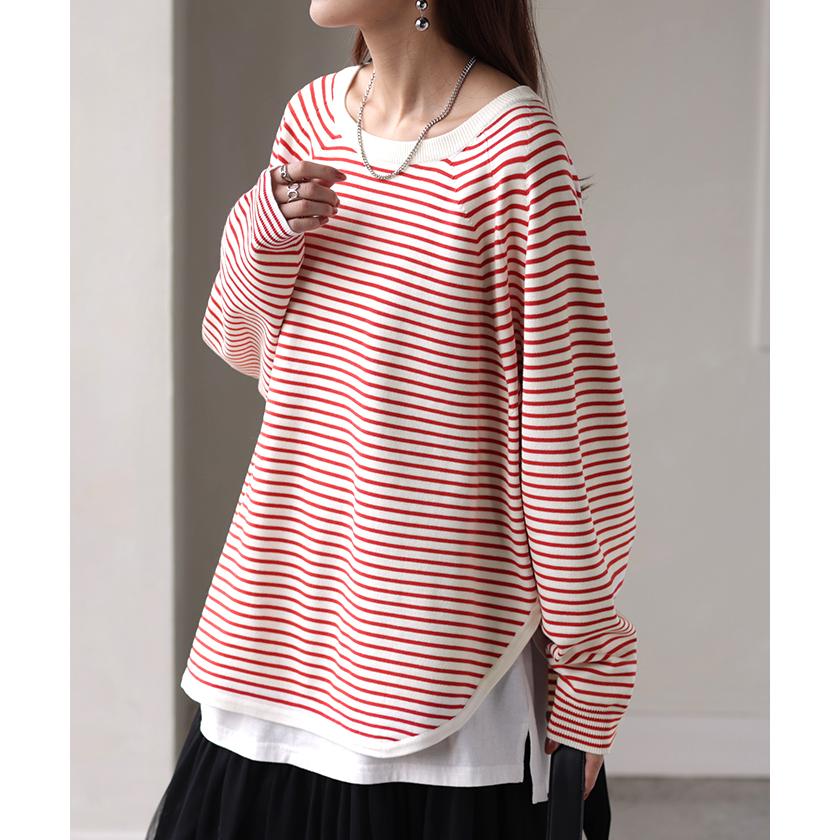 ニット ロング カーブヘム レディース トップス カットソー チクチクしない クルーネック 長袖 無地 配色 | HUG.U | 11