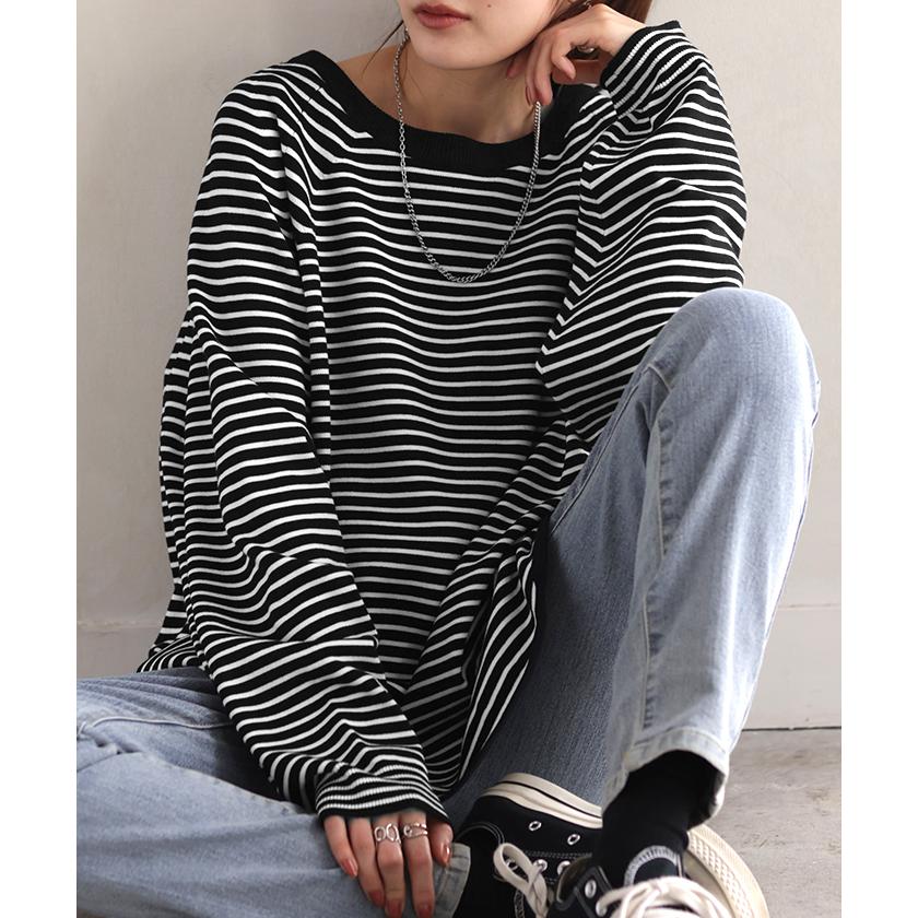 ニット ロング カーブヘム レディース トップス カットソー チクチクしない クルーネック 長袖 無地 配色 | HUG.U | 14