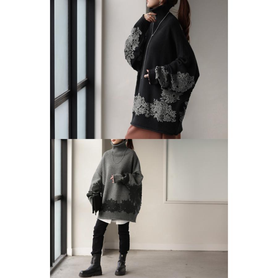 ニット レース タートル レディース トップス ロング 無地 刺繍 長袖 ドルマン チクチクしない ドロップショルダー お尻が隠れる リブ オーバー 花柄 チュニック | HUG.U | 11