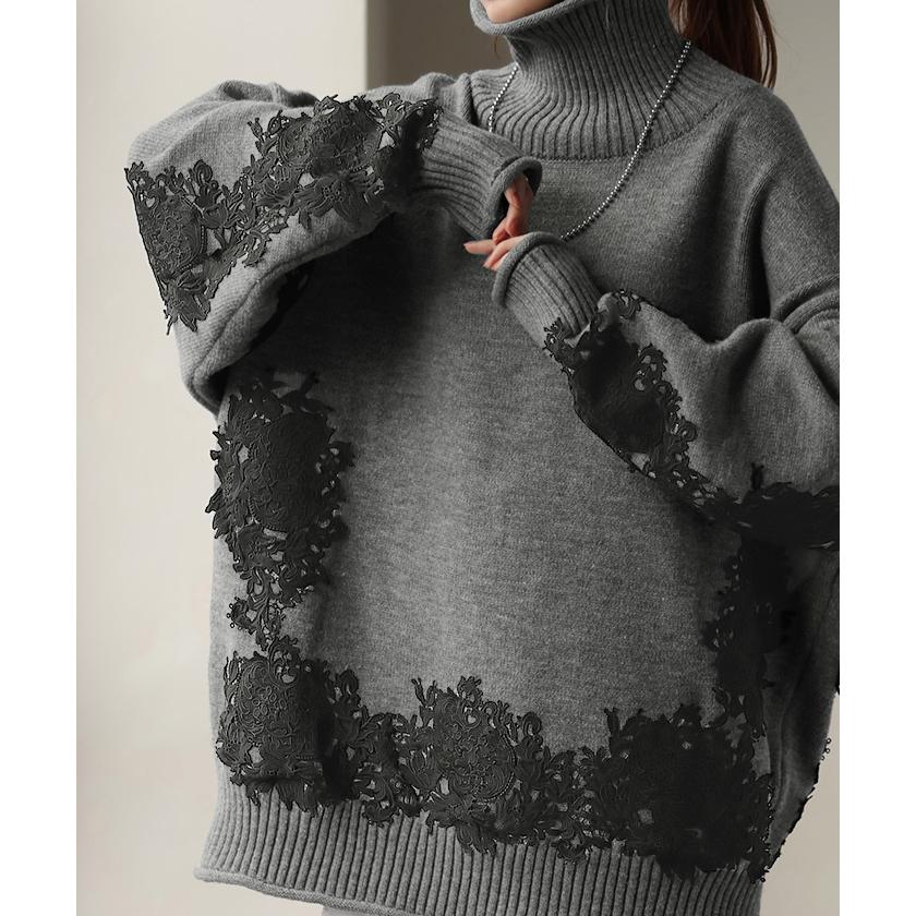 ニット レース タートル レディース トップス ロング 無地 刺繍 長袖 ドルマン チクチクしない ドロップショルダー お尻が隠れる リブ オーバー 花柄 チュニック | HUG.U | 17