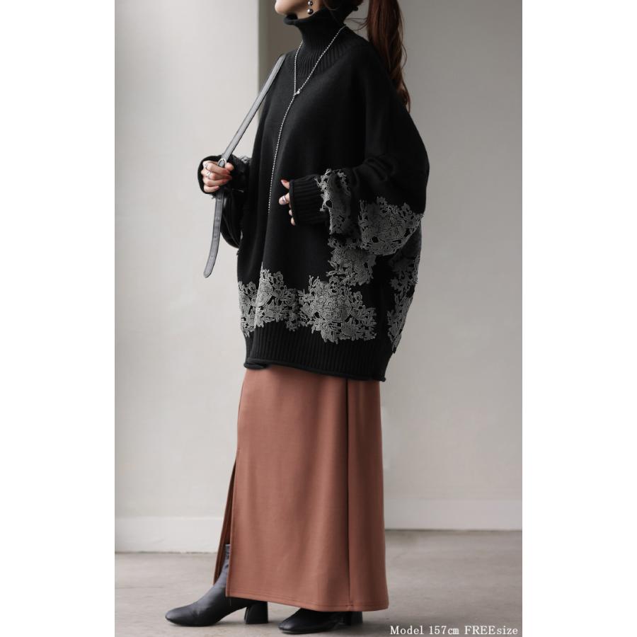 ニット レース タートル レディース トップス ロング 無地 刺繍 長袖 ドルマン チクチクしない ドロップショルダー お尻が隠れる リブ オーバー 花柄 チュニック | HUG.U | 19