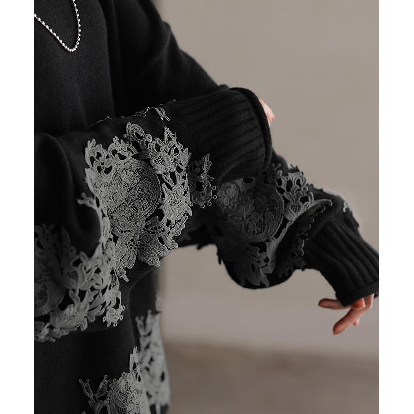 ニット レース タートル レディース トップス ロング 無地 刺繍 長袖 ドルマン チクチクしない ドロップショルダー お尻が隠れる リブ オーバー 花柄 チュニック | HUG.U | 21