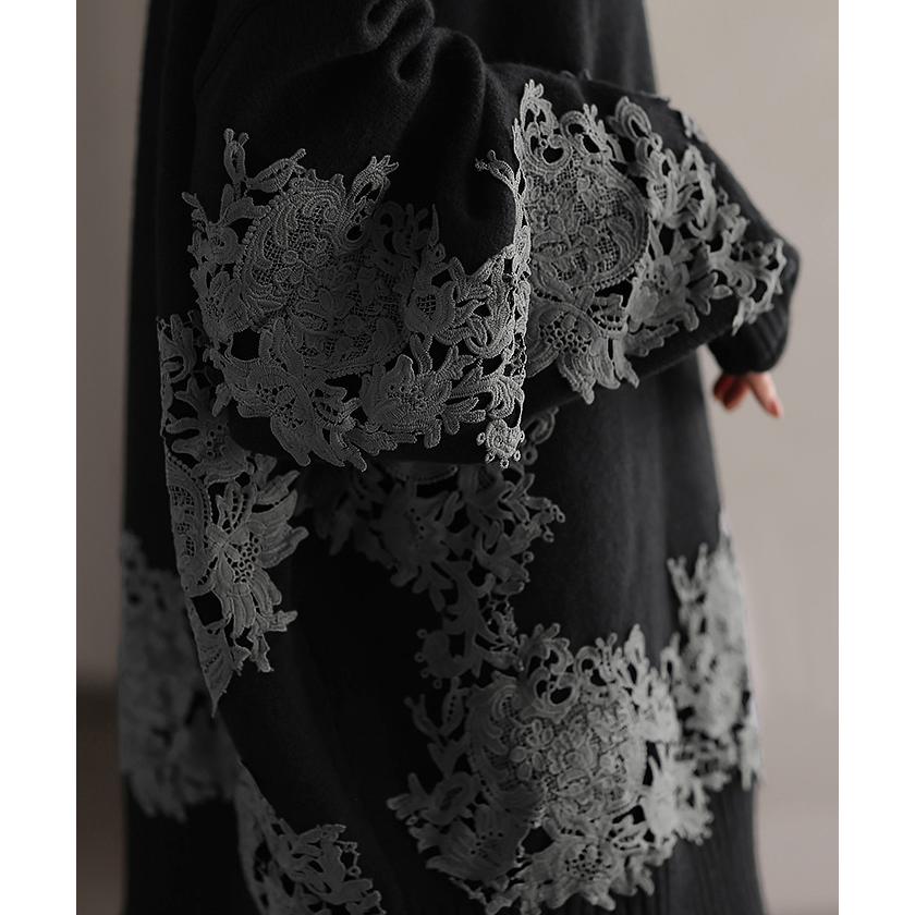 ニット レース タートル レディース トップス ロング 無地 刺繍 長袖 ドルマン チクチクしない ドロップショルダー お尻が隠れる リブ オーバー 花柄 チュニック | HUG.U | 05