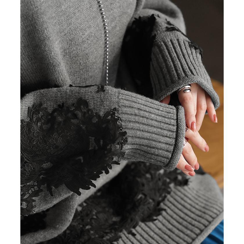 ニット レース タートル レディース トップス ロング 無地 刺繍 長袖 ドルマン チクチクしない ドロップショルダー お尻が隠れる リブ オーバー 花柄 チュニック | HUG.U | 10